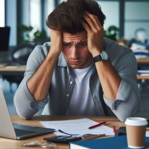 Male sitting at his office desk top suffering from Stress and Anxiety