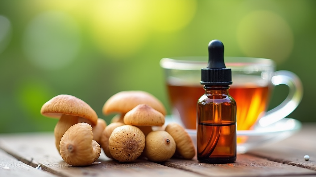 A close-up view of Cordyceps mushrooms and a small amber dropper bottle, sitting on a wooden surface with a bright, natural background displaying greenery and a cup of tea.